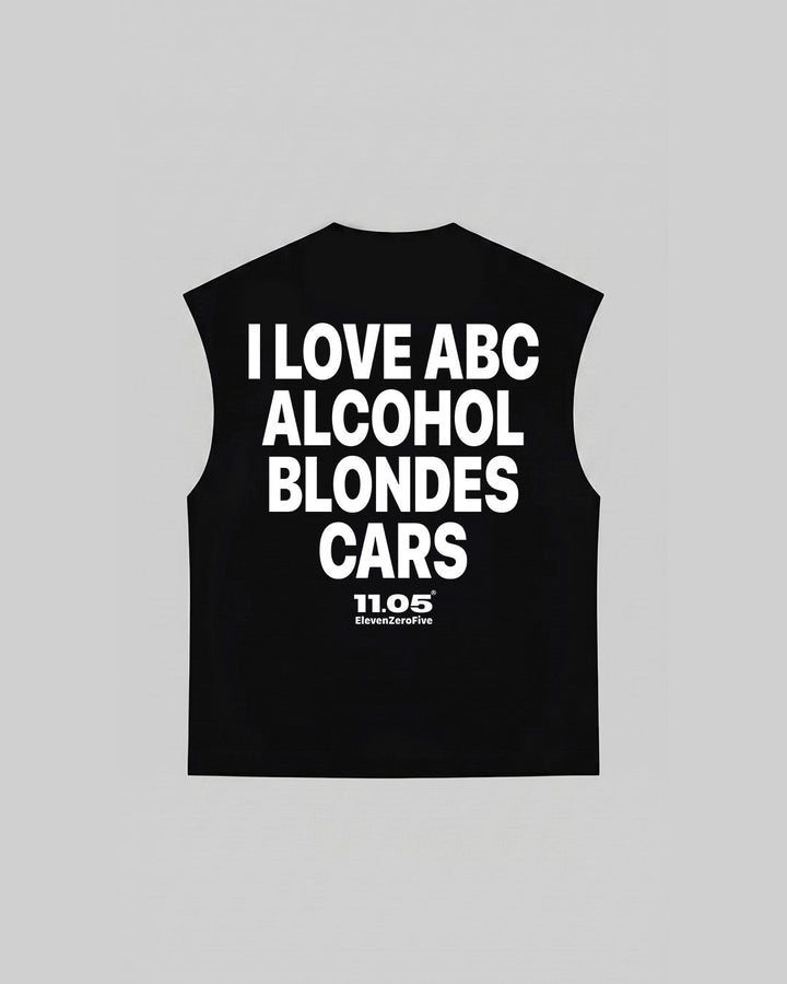 "I LOVE ABC ALCOHOL BLONDES CARS" Tank Top, 280 GSM organic cotton, made in Italy