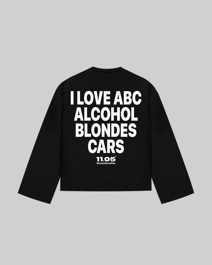"I LOVE ABC ALCOHOL BLONDES CARS" Long Sleeve, 280 GSM organic cotton, made in Italy