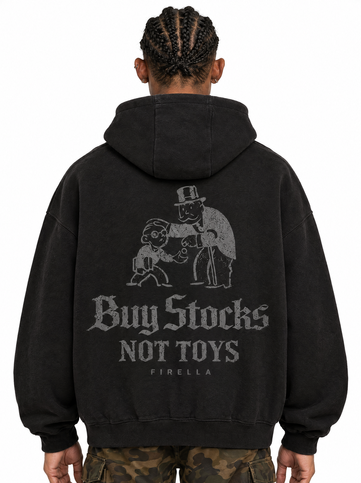 BUY STOCKS NOT TOYS HOODIE - Black - back detail